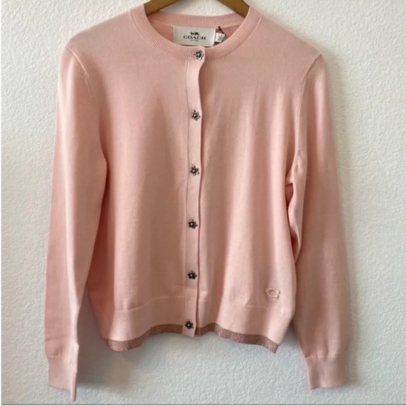 Coach Sweaters Nwt Coach Blush Pink Cardigan Tea Rose Buttons Glitter Trim Womens Size